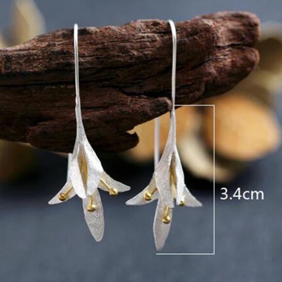 Sterling Silver Lily Flower Pollen Fish Hook Dangle Earrings - Picture 10 of 10